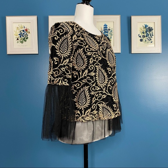 🆕 NWT DREW Women’s Black/Gold Embroidered Mesh Top Tulle Blouse A-Line XS - Picture 5 of 11